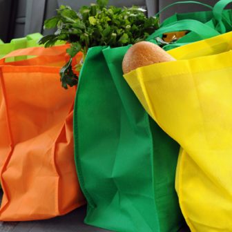 Eco-Friendly Shopping Four colorful eco-friendly shopping bags filled mostly with groceries in the back seat of a car.